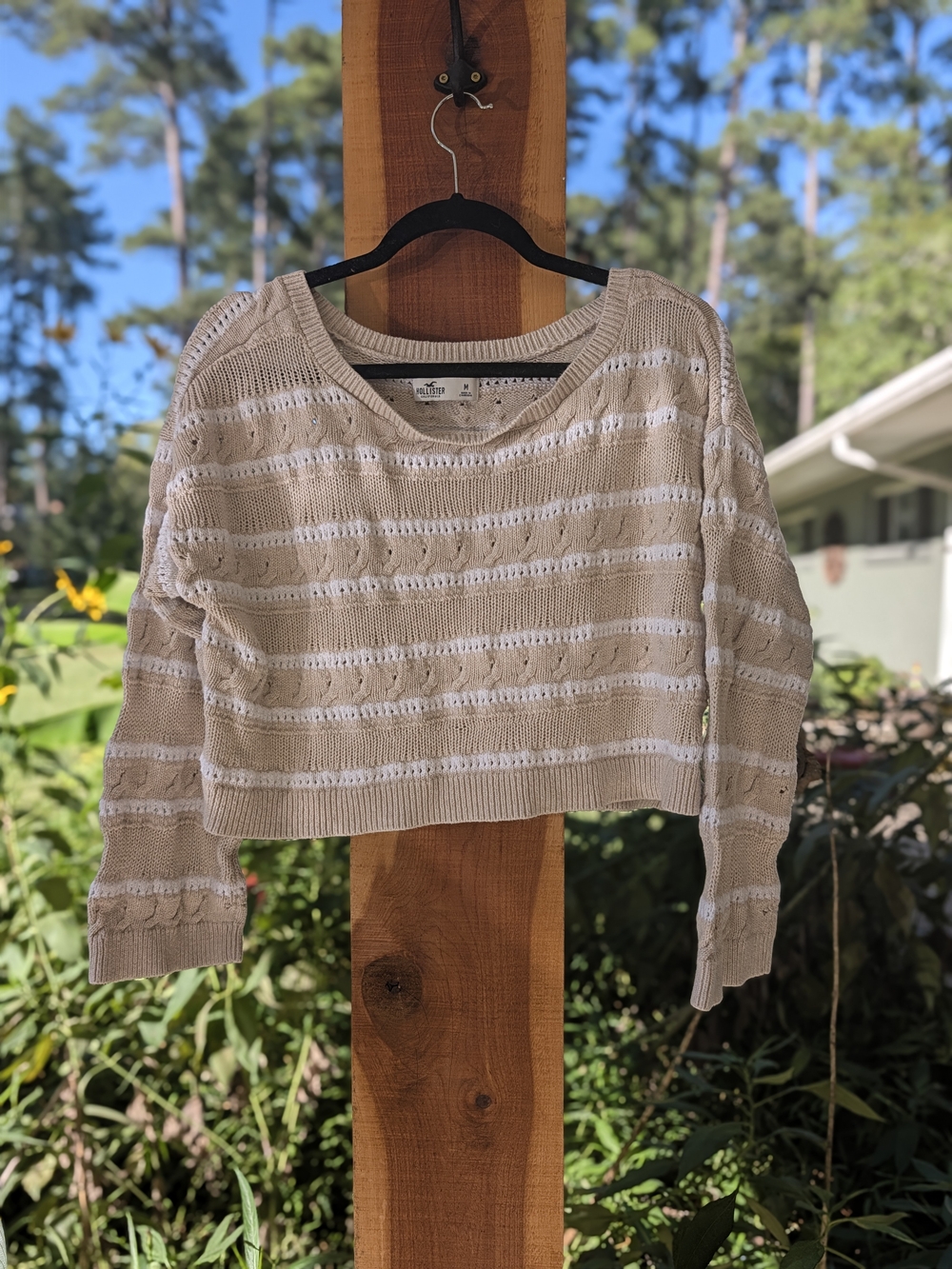 Hollister Cream Striped Open-Knit Cropped Sweater - Women